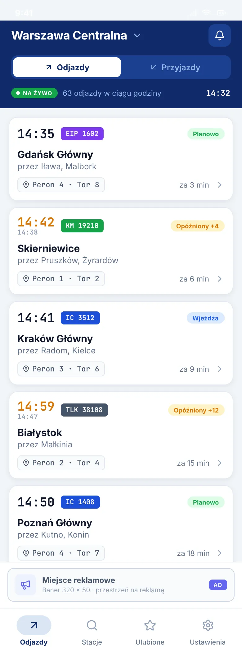 Ekran odjazdów ze stacji Warszawa Centralna z godzinami, peronami i opóźnieniami